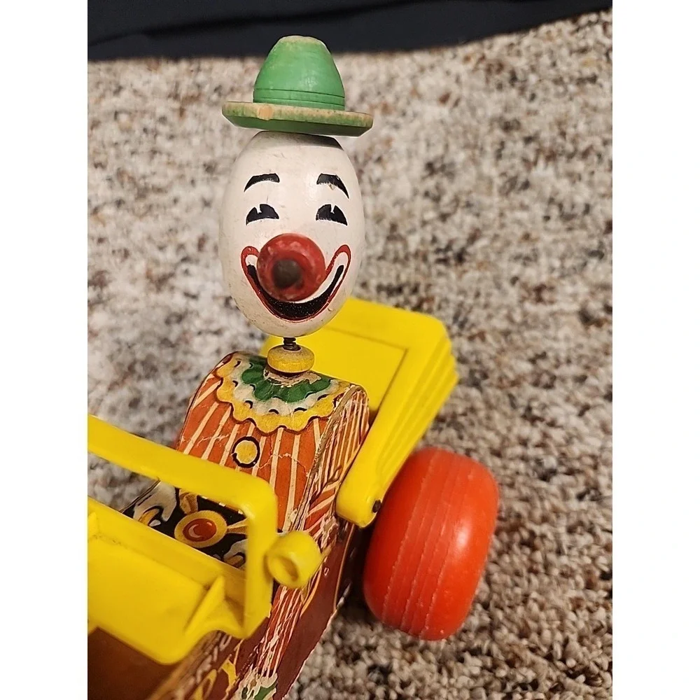 Vintage 1965 Fisher Price Jolly Jalopy Clown Drive Wooden Pull Toy #724